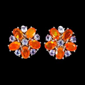925 Sterling Silver 14K WG Earrings Oval Orange Opal 6x4mm Tanzanite Gemstone